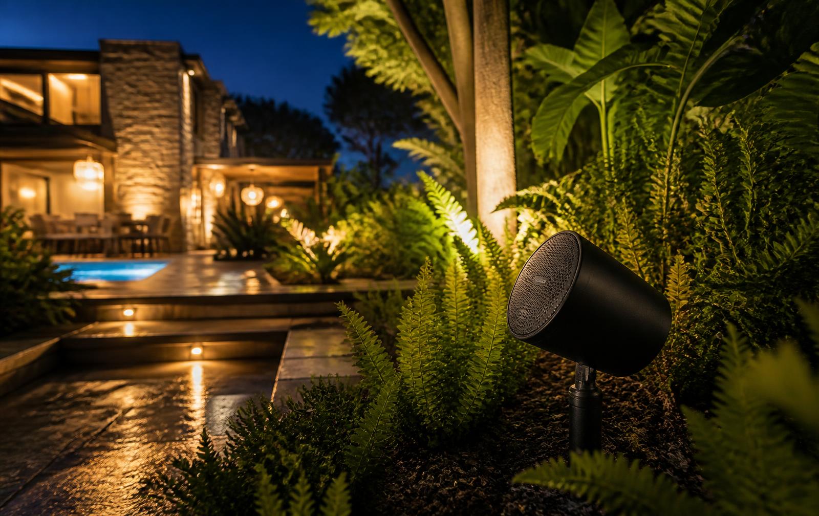 Weatherproof outdoor satellite speaker hidden in a planting bed beside a lit walkway at night