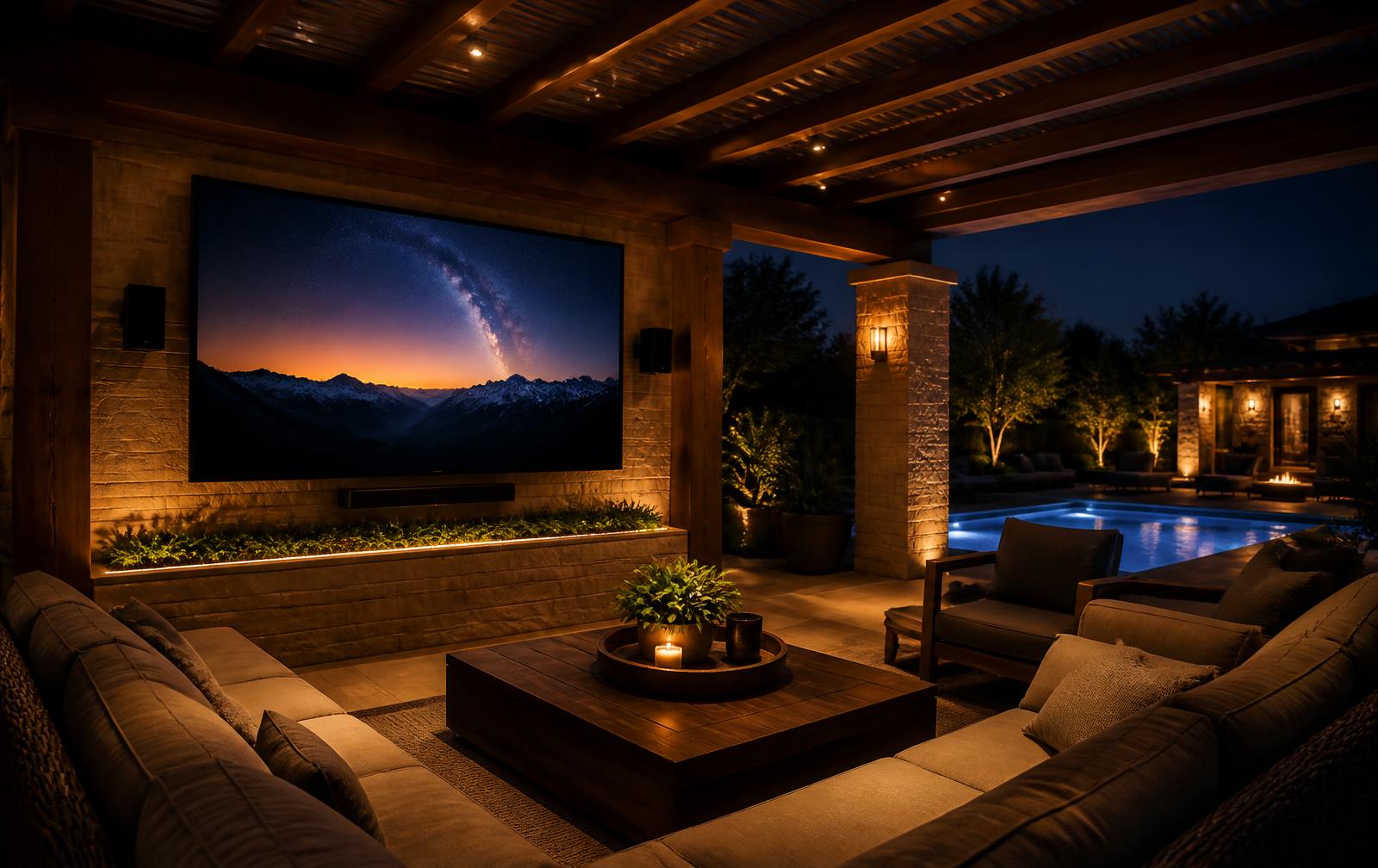 Outdoor-rated television and flanking satellite speakers under a covered patio beside a lit pool