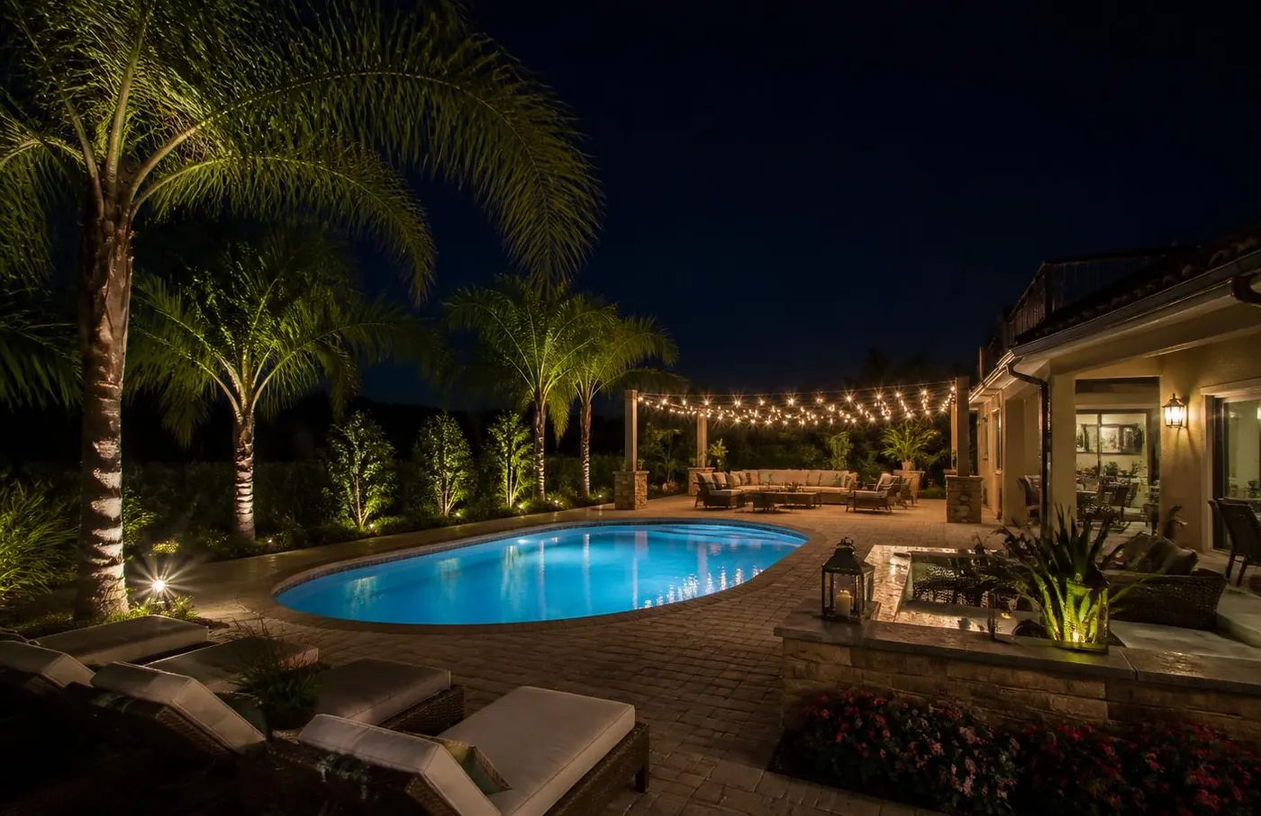 Deck & Patio Lighting on an Orange County property at night