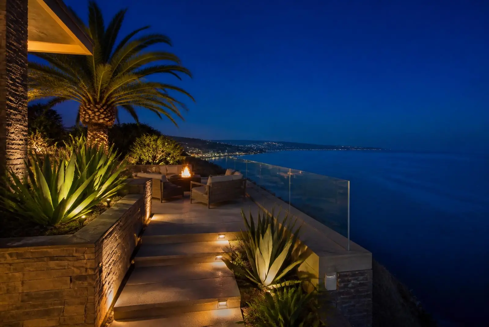 San Clemente clifftop ocean-view terrace with low-glare step lighting at night
