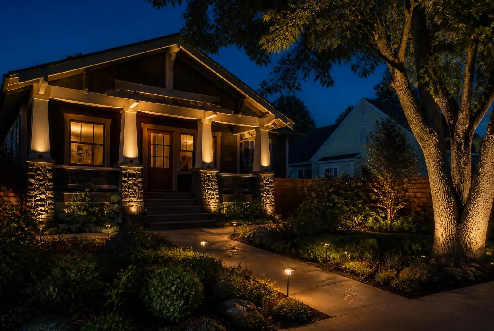 Long Beach craftsman bungalow on a tree-lined street lit at night