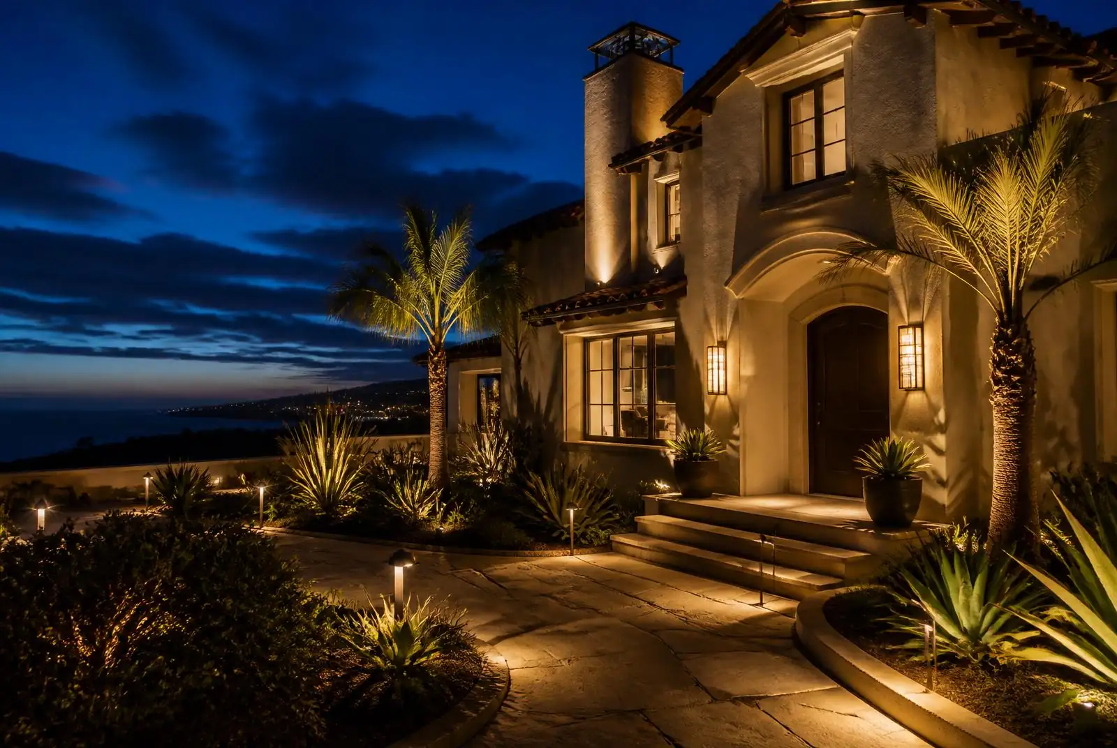 San Clemente coastal beach home lit with warm landscape lighting at night