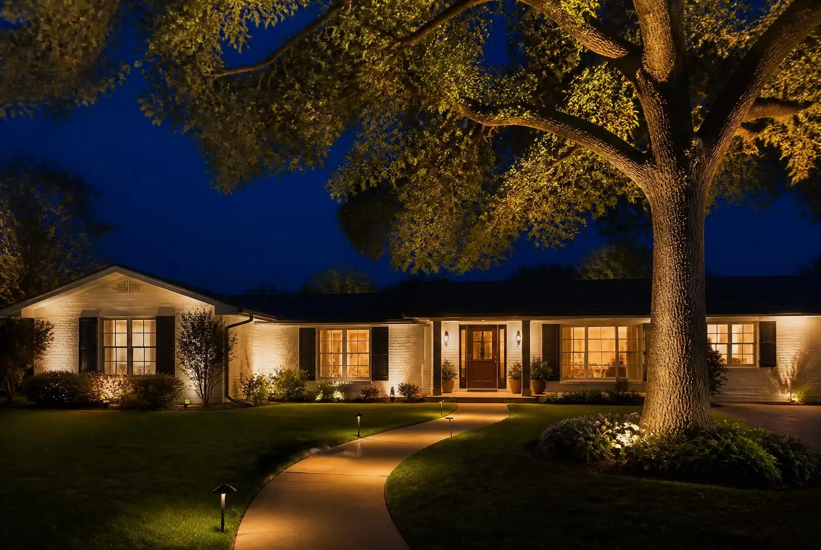 Mission Viejo single-story ranch home with an uplit shade tree at night