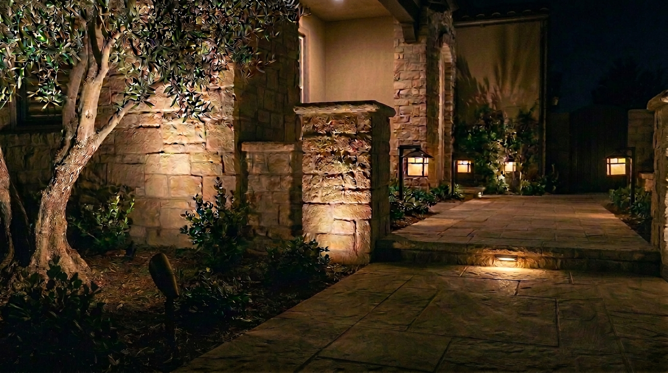 Warm brass landscape lighting on a tree, walkway step light and path lantern at night