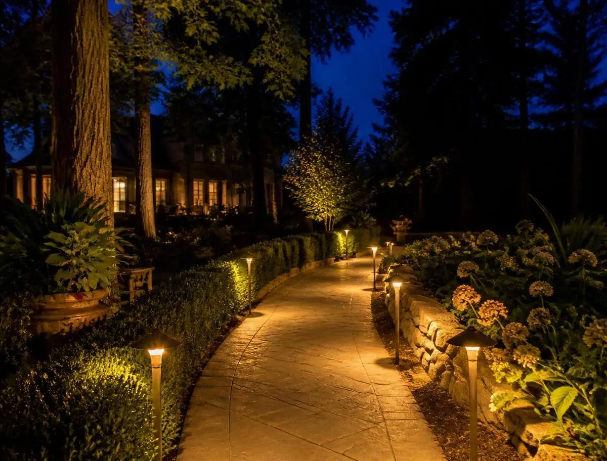 Lit residential walkway in a Southern California coastal neighborhood at night