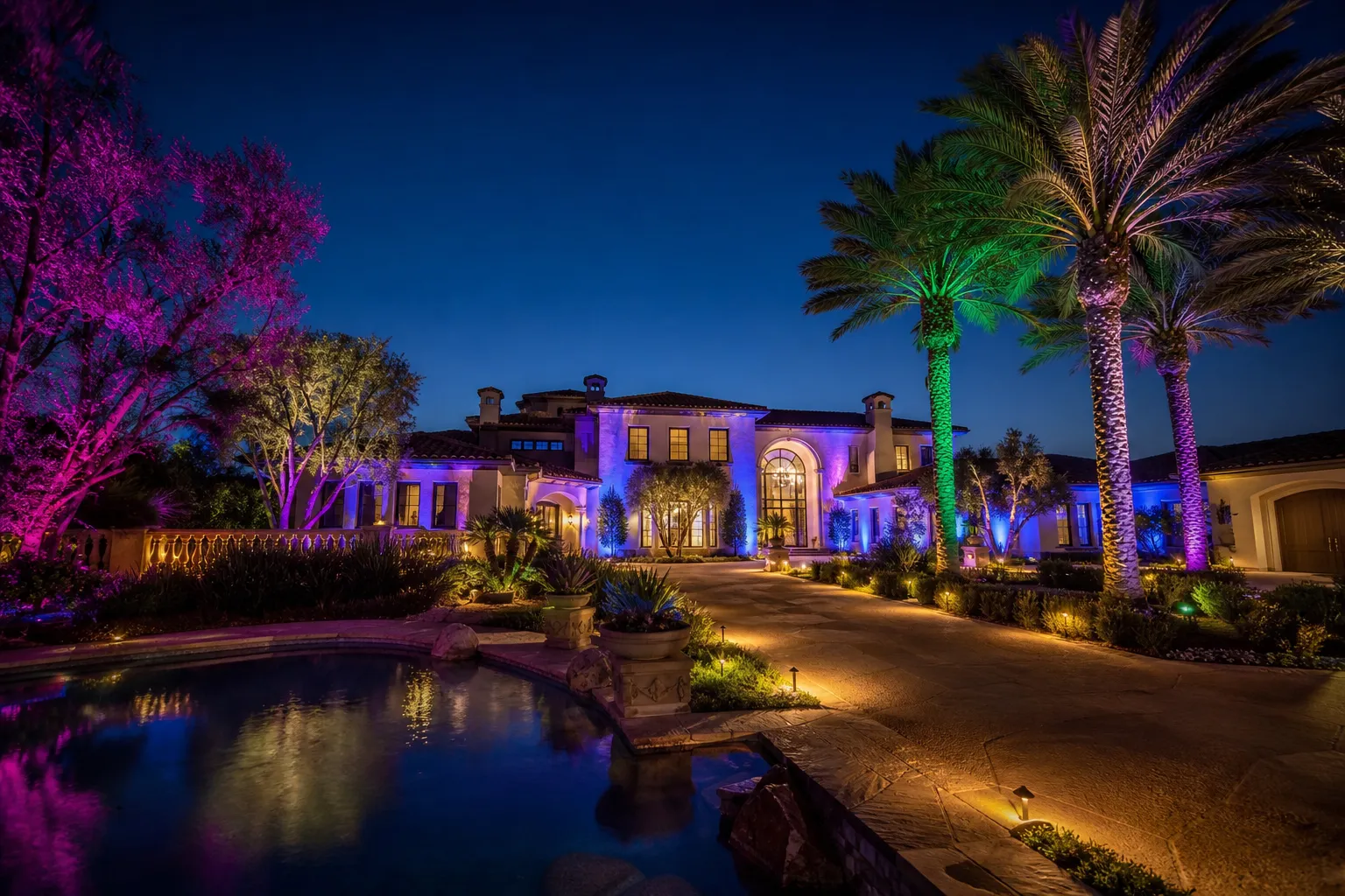 Color Changing Landscape Lighting on an Orange County property at night