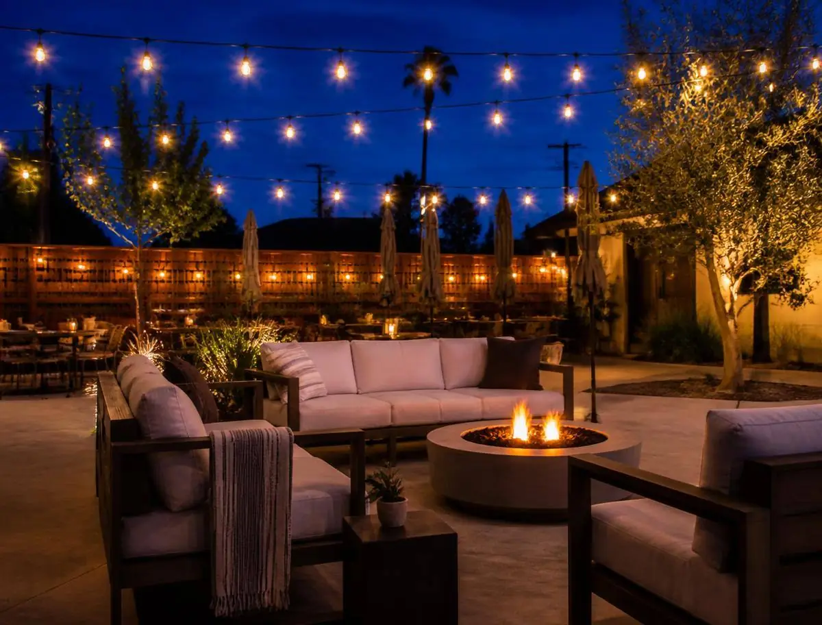 Evening patio lit with warm string lights