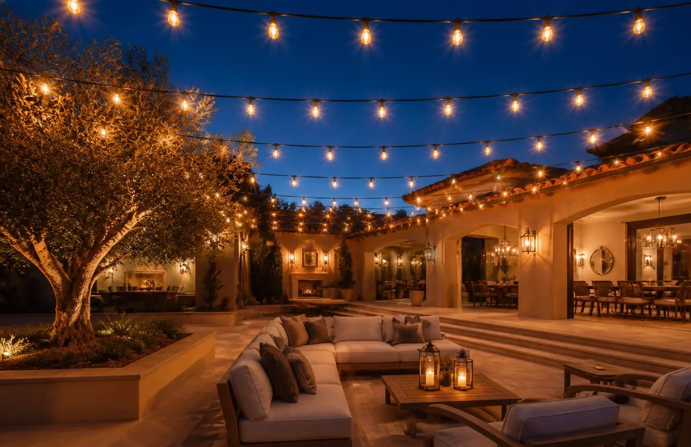Warm bistro string lights strung over an Orange County backyard patio at dusk