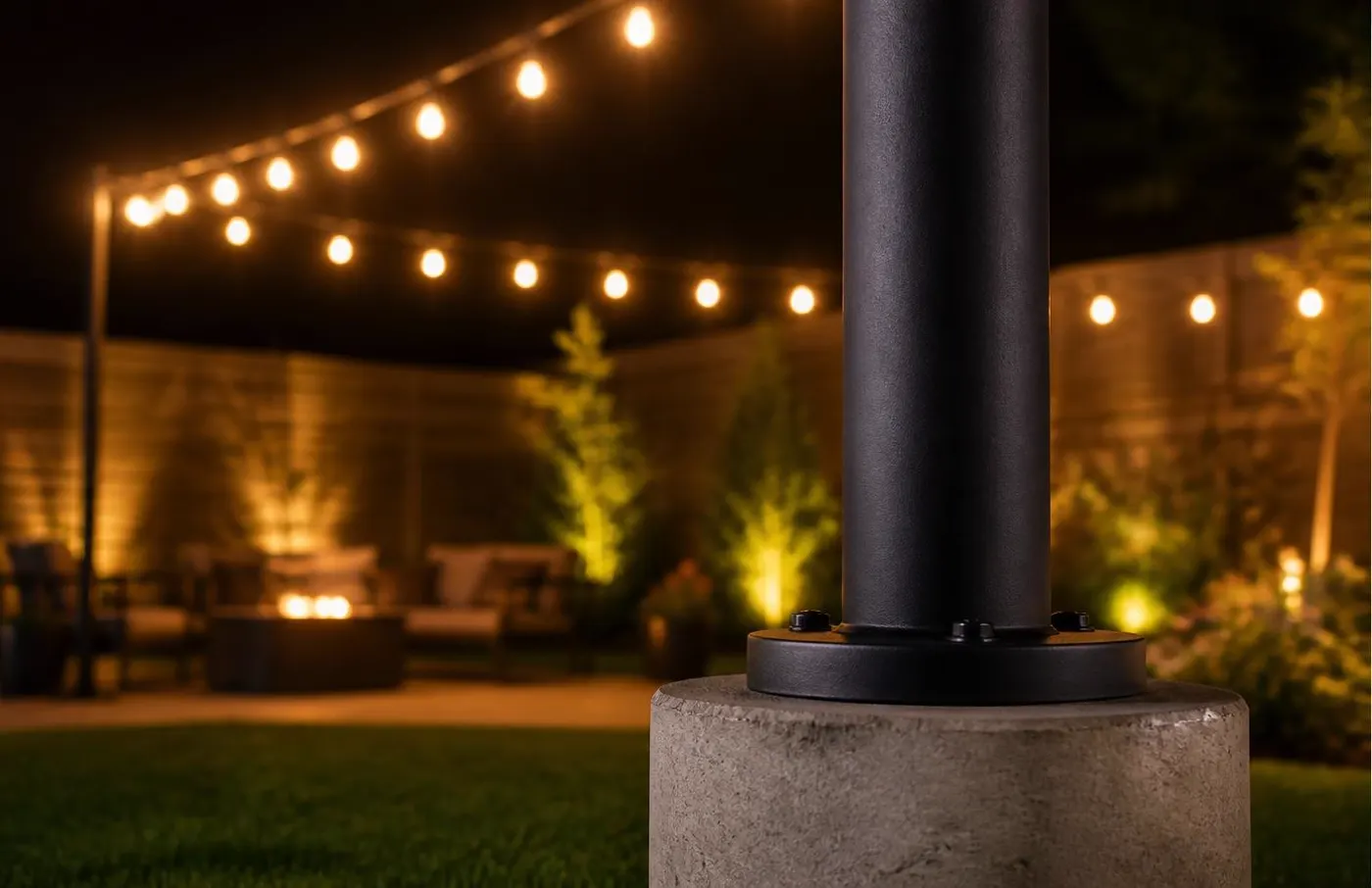 Powder-coated steel pole in a concrete footing supporting catenary string light cable