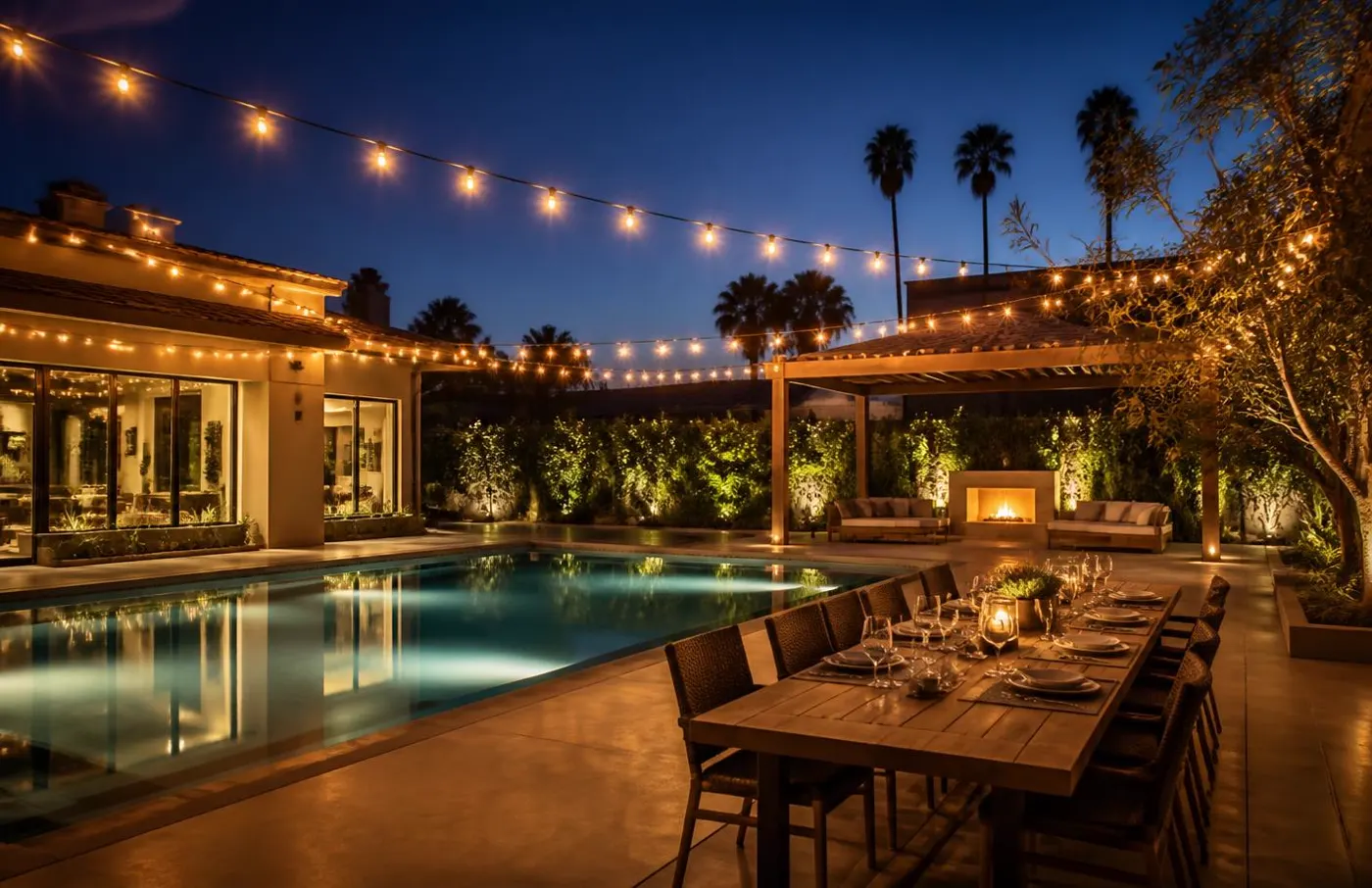 String lights over a poolside dining table and pergola at night